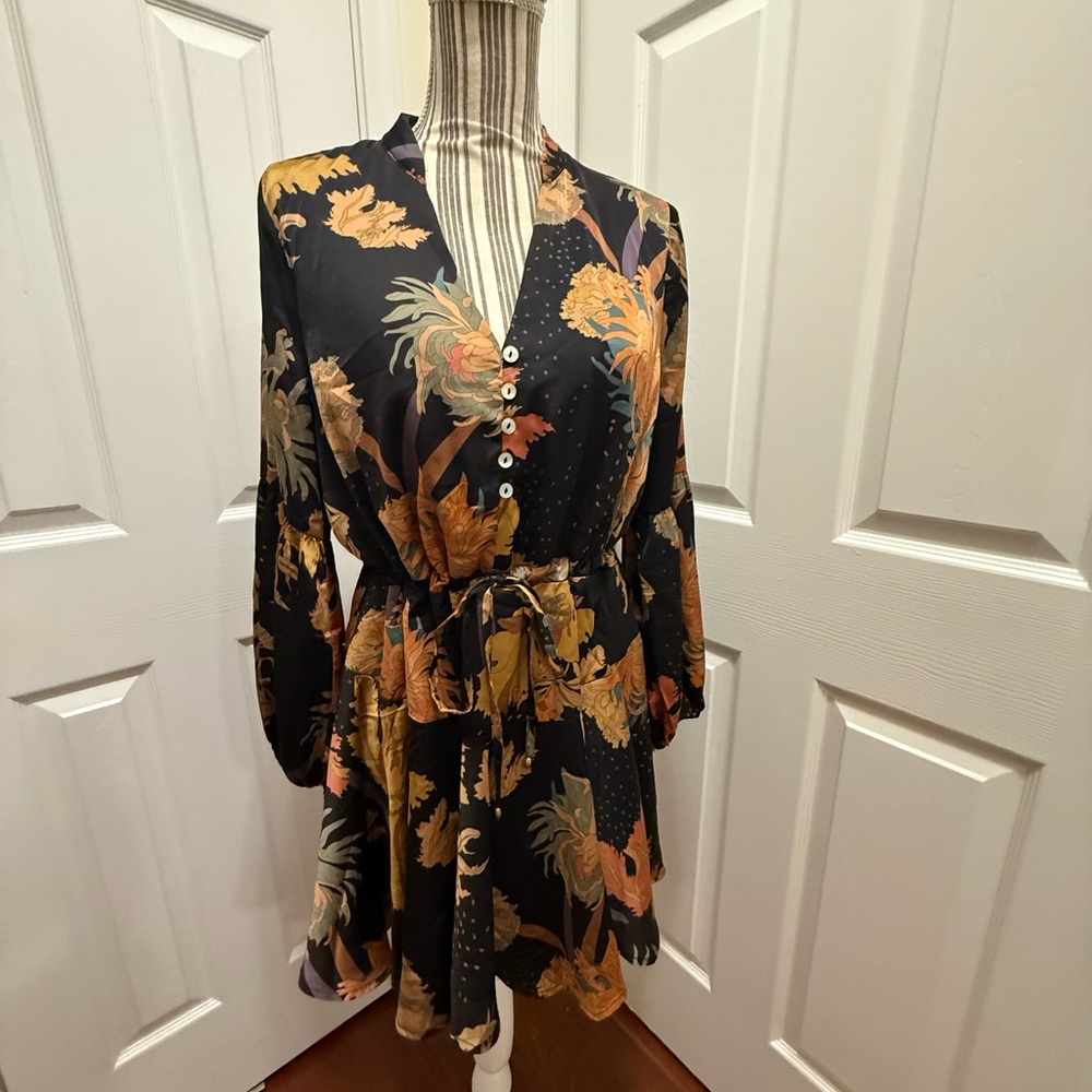 Floral Black Dress with Button Detail Drawstring waist satin feel by Entro NWOT